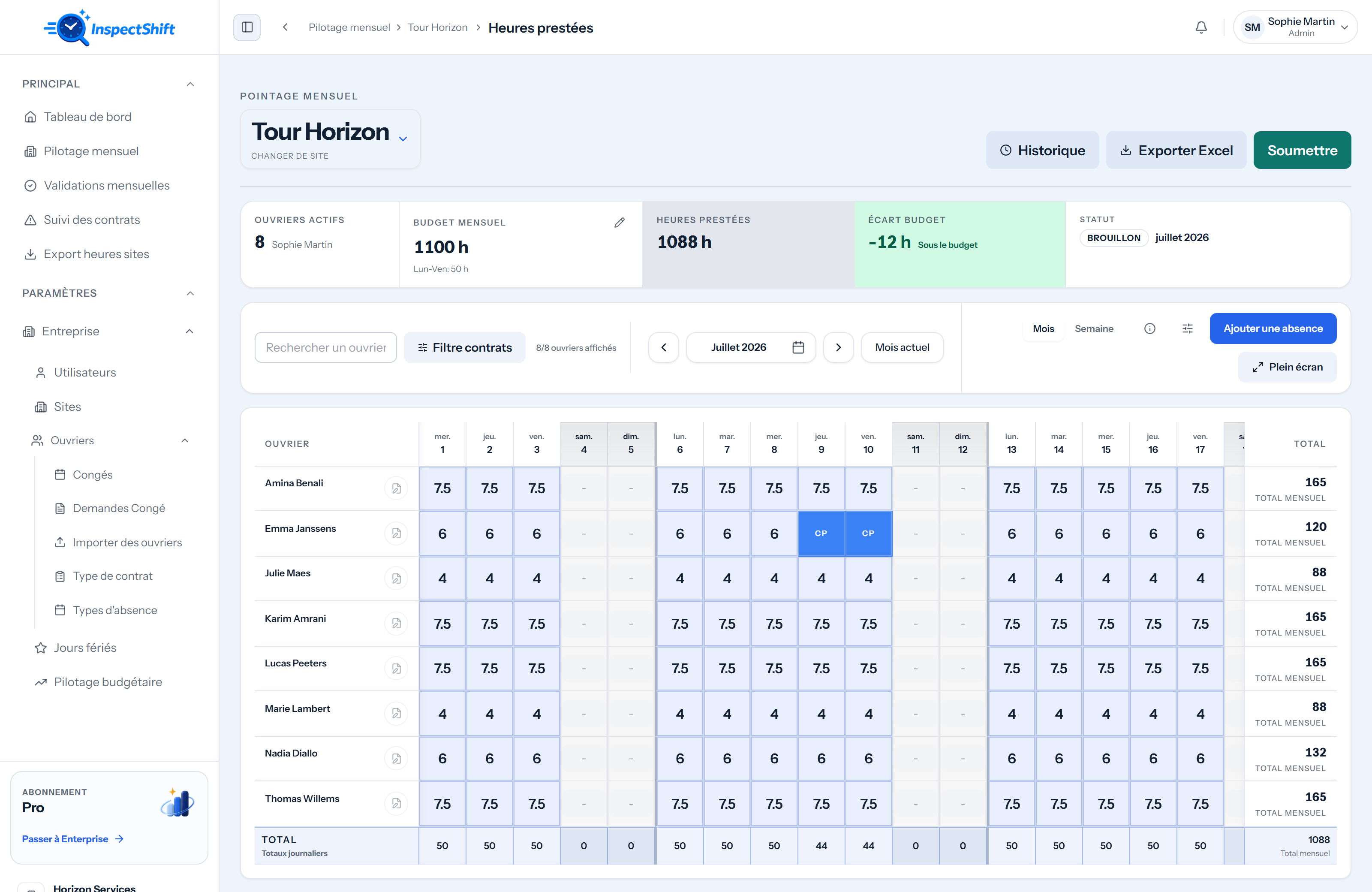 Vraie page de pointages du site Tour Horizon : heures par ouvrier, absences et totaux mensuels.