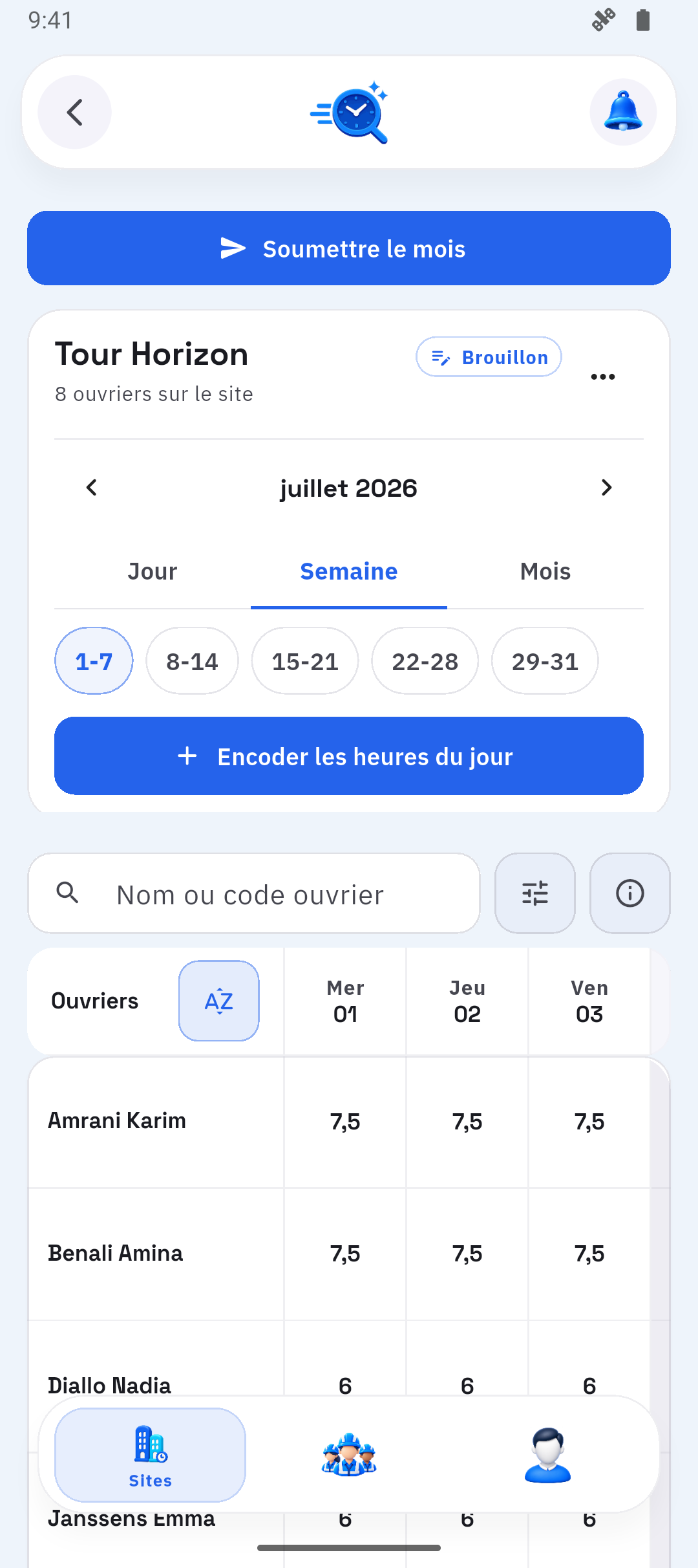 Application InspectShift : pointages de l’équipe du site Tour Horizon.