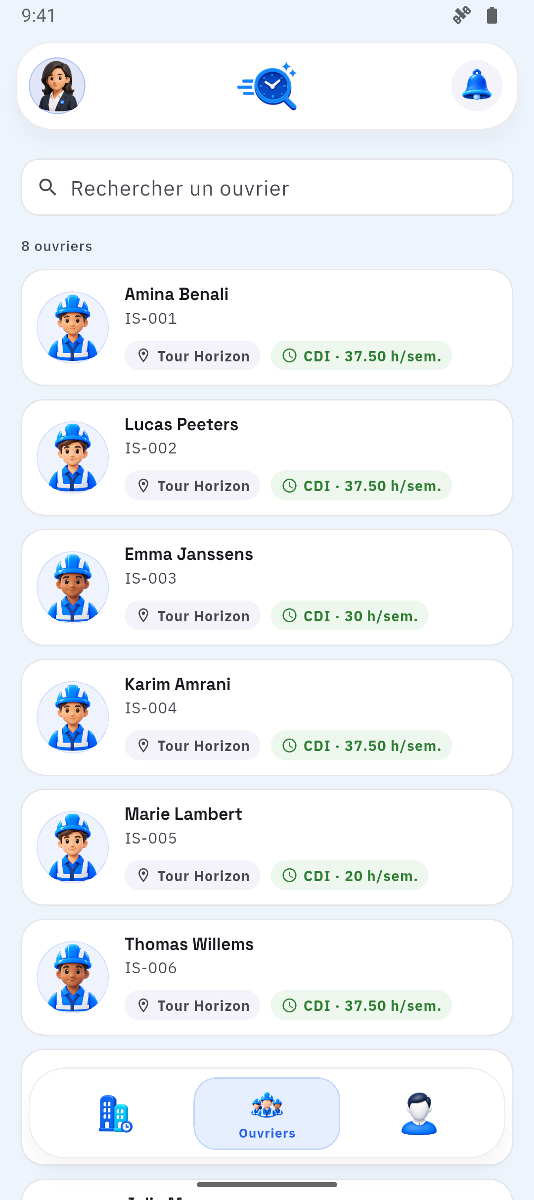 Application InspectShift : liste des ouvriers avec leurs contrats et leurs sites.